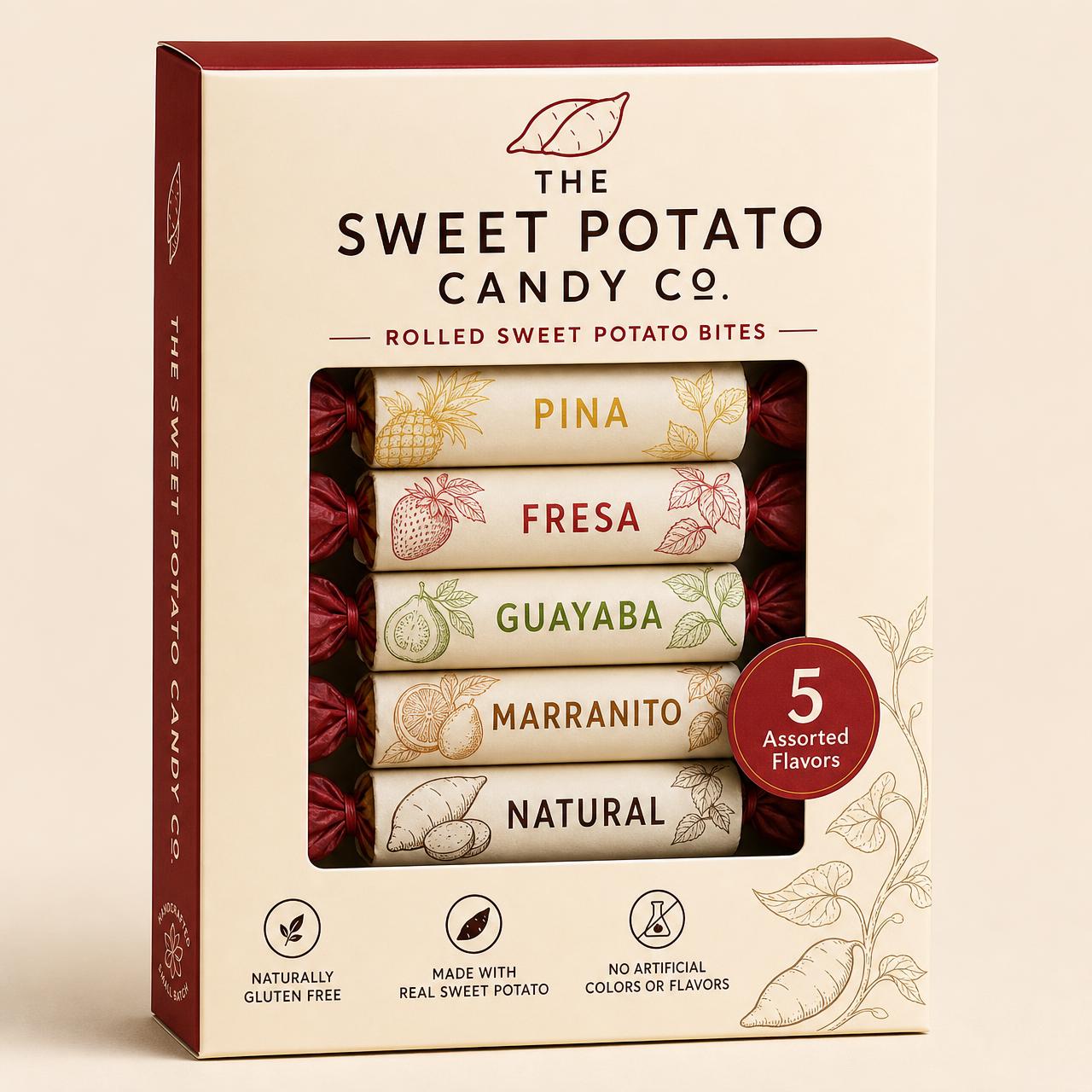 The Sweet Potato Candy Co. 10 oz assorted box with a window showing five individually wrapped rolled candy bites